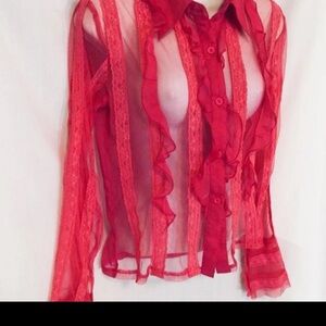 Red Sheer Lace Button-Up Blouse
